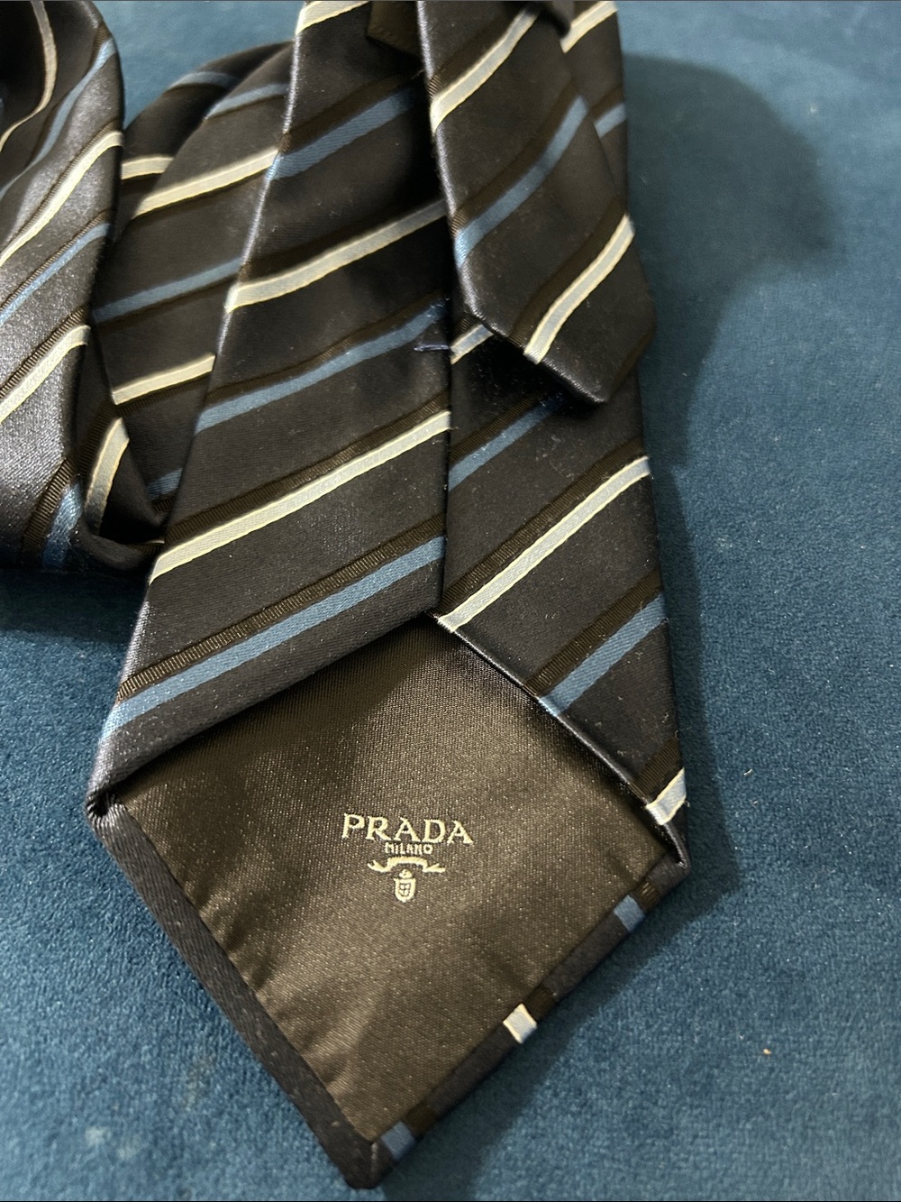 Prada Black Silk Tie with Blue and Gray Stripes - Picture 5 of 8